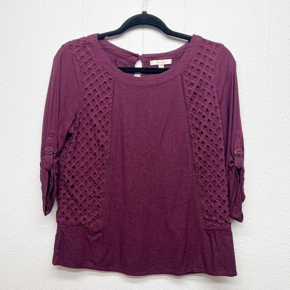 Skies Are Blue 100% Linen Womens Eyelet Coastal Girl Workwear Woven Top Medium - Picture 1 of 11